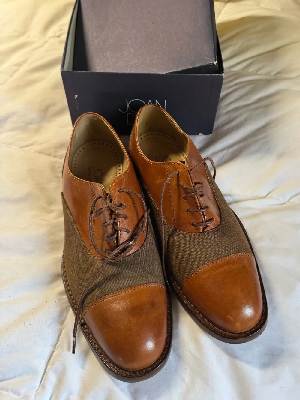 Joan and David Tan Leather & Brown Canvas Oxfords